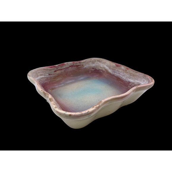 Earthenware Pottery Soap Dish Square USA Made Vintage Pink Green Tan Vintage 5" - Picture 2 of 11